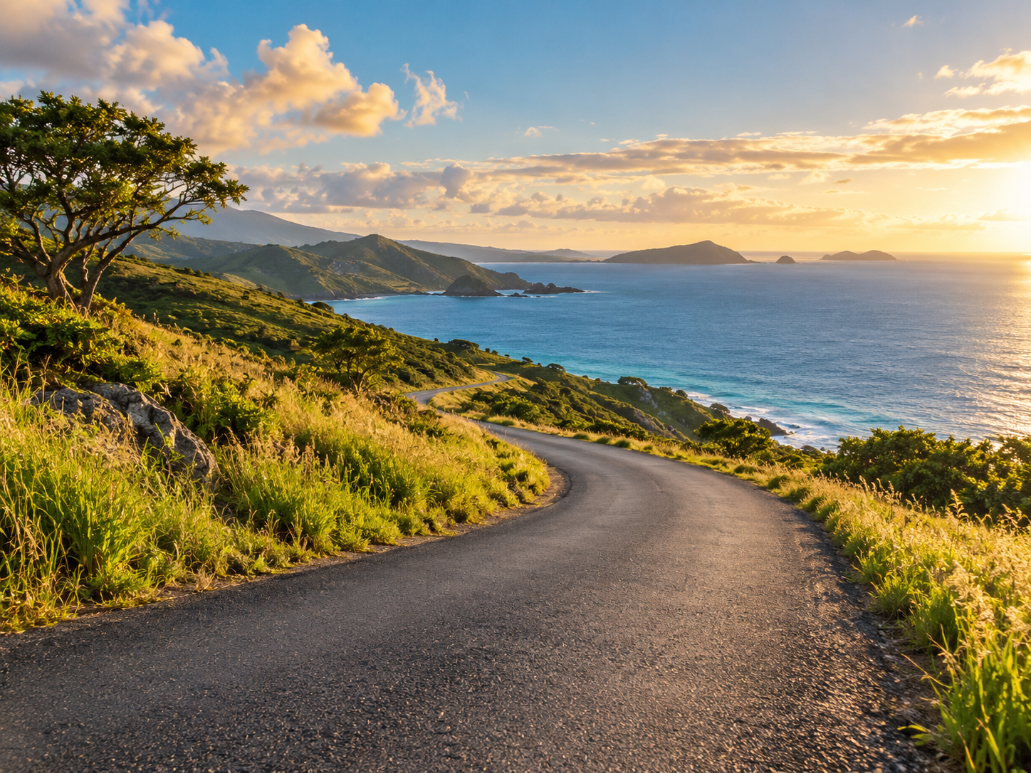 An open coastal road winding toward the blue sea