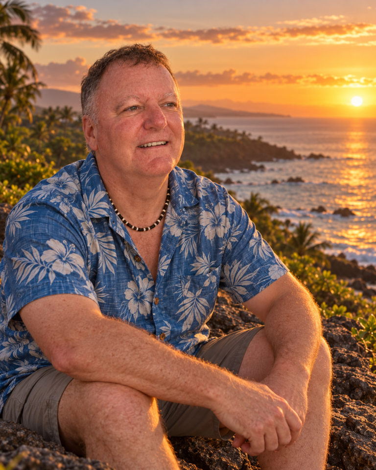 Shane Lifeman sitting beside the sea at sunset, reflecting on making time to live