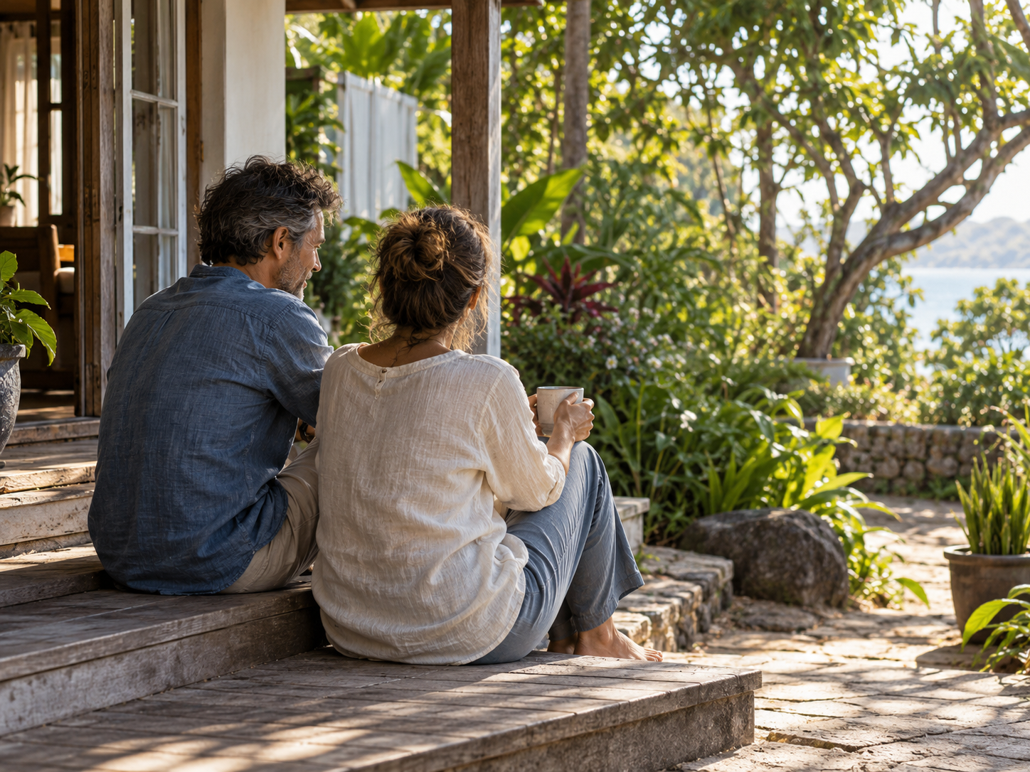 A couple sharing a quiet moment on the steps of a coastal home