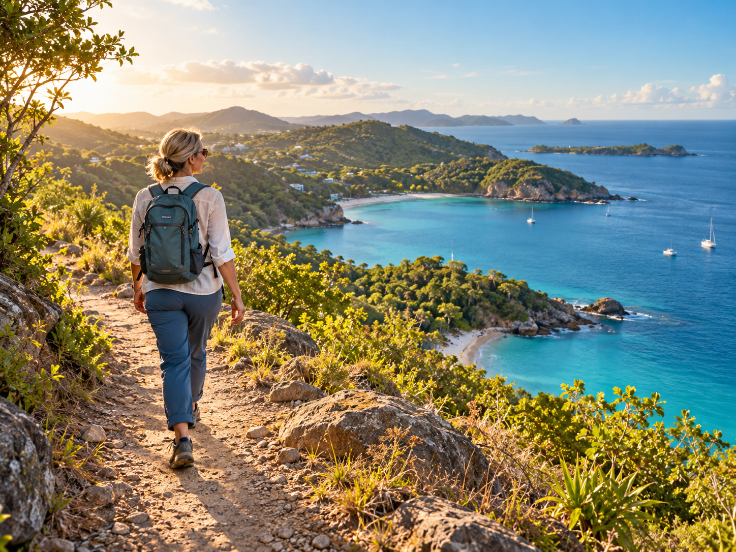 A woman walking a coastal trail toward an open blue bay