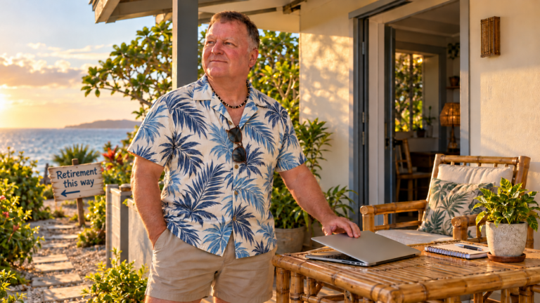 Shane closing his laptop beside a coastal home and a Retirement this way sign