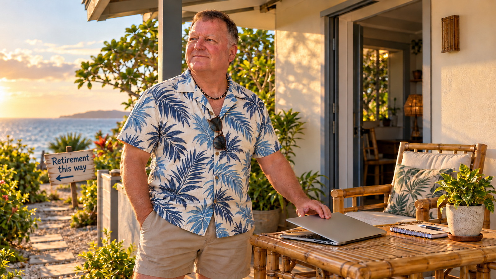Shane closing his laptop beside a coastal home and a Retirement this way sign