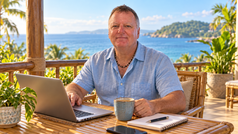 Shane enjoying flexible creative work at a bamboo table overlooking the sea