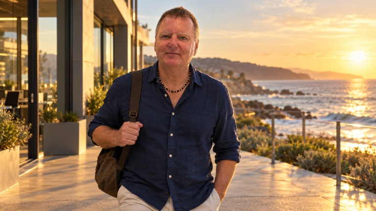 Shane walking beside the coast at sunset, illustrating leaving the rat race