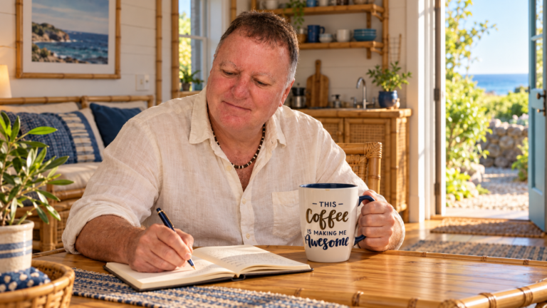 Shane journaling with an oversized coffee mug in a bamboo furnished coastal home
