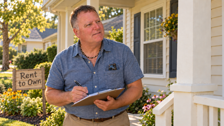 Shane viewing a modest home while holding personal notes beside a Rent to Own sign