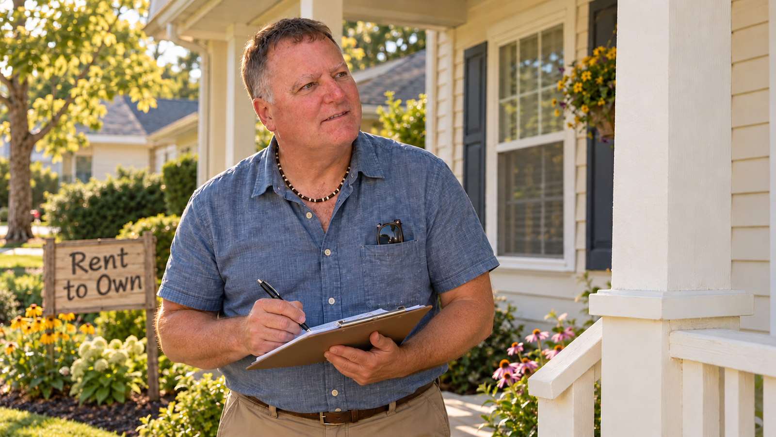 Shane viewing a modest home while holding personal notes beside a Rent to Own sign
