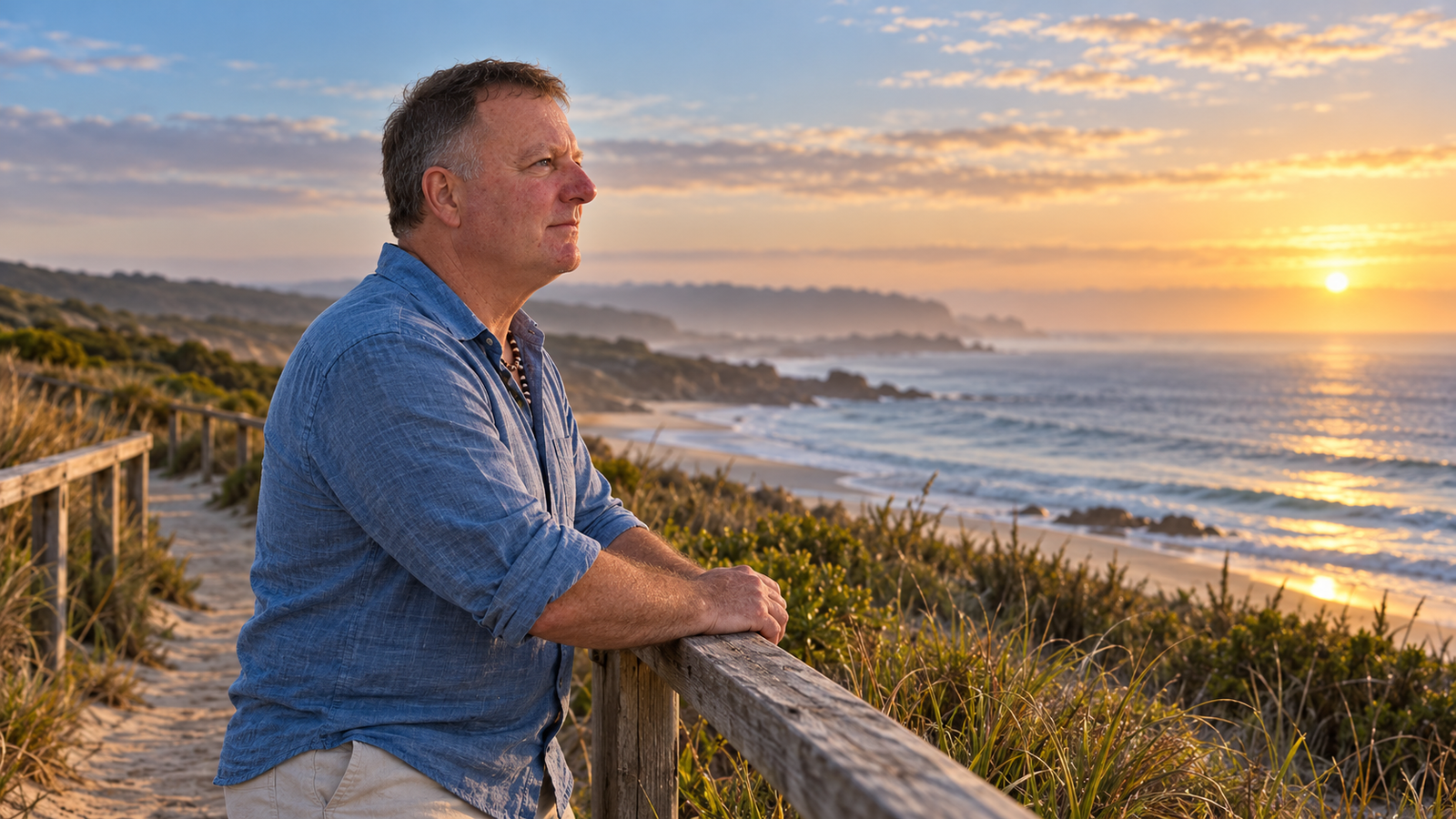 Shane looking toward the sea at dawn, reflecting on a new chapter
