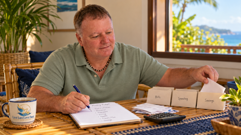 Shane organising a budget into bills, spending and savings beside a Live Life Live Free mug